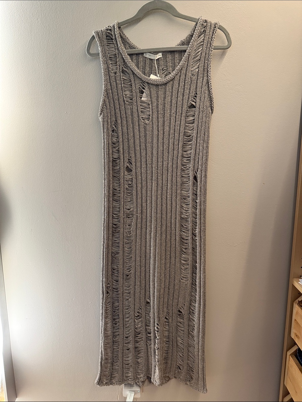 OAK + FORT Size M Distressed Knit Ribbed Column Midi Dress - Gray